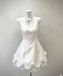 Đầm trắng nơ cổ hoa viền